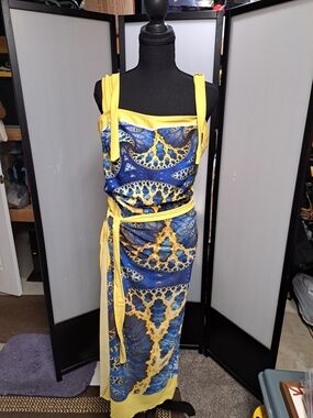 Yellow and Blue Printed Maxi Dress with Tie Waist